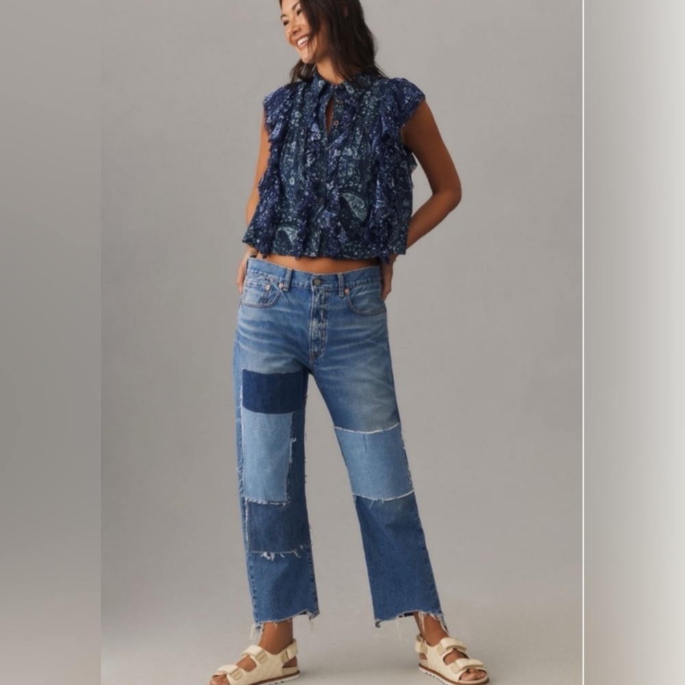 Pilcro Navy Blue Floral Ruffle Blouse
